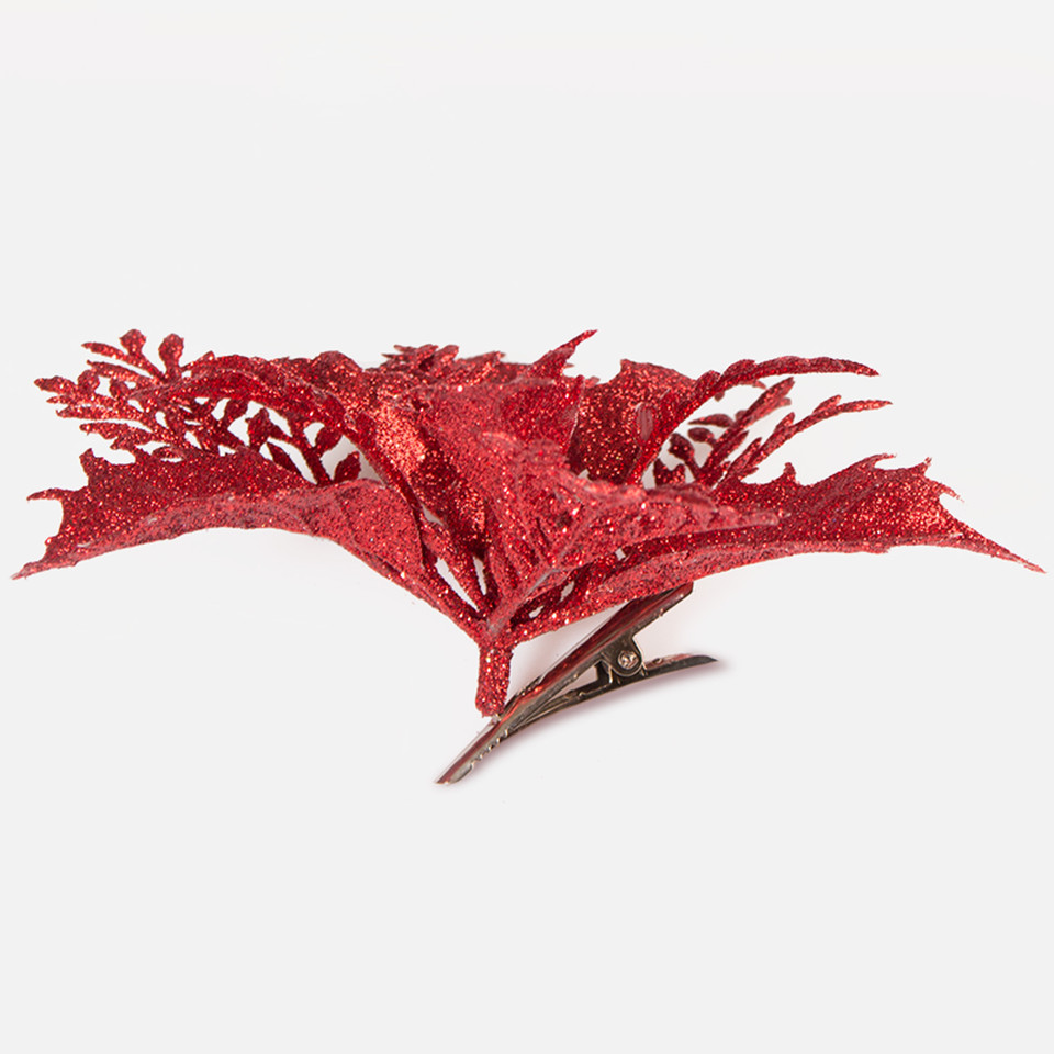 Poinsecja z brokatem na klipsie, Red W659S-03