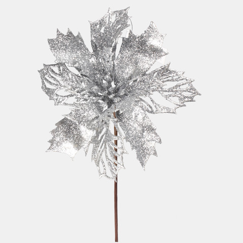 Glitter poinsettia on a peak, Silver S960-02